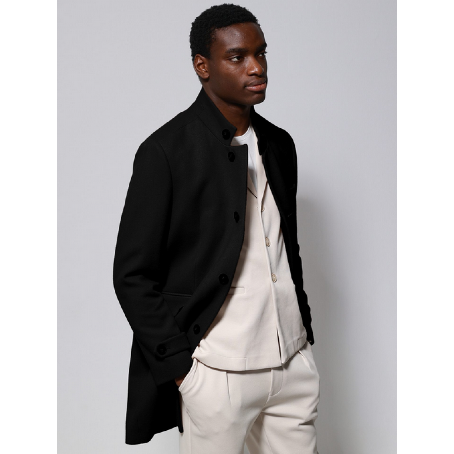 Life Style Butiken Ανδρικό Παλτό με ψηλό μάο γιακά LS12604 Black